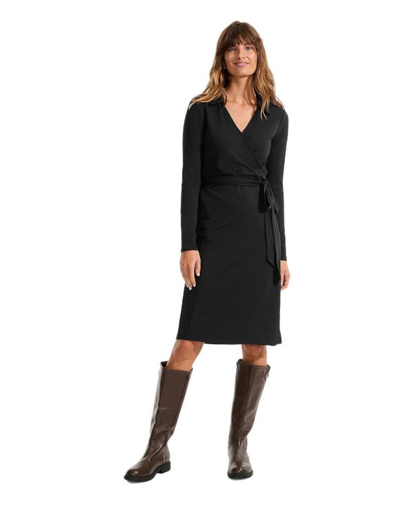 ランズエンド レディース トップス ワンピース コットン Lands' End Women's Cotton Modal Colla red Wrap Dress Black ブラック｜ReVida 店
