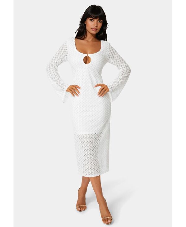 ベベ レディース トップス ワンピース カットアウト マキシ Bebe Women's Long Sleeve Cut Out Crochet Maxi Dress White ホワイト｜ReVida 店