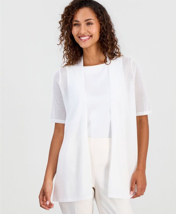 アンクライン レディース アウター ニット・セーター 半袖 シアー カーディガン Anne Klein Women'short-Sleeve Open-Front Semi-Sheer Cardigan Safari｜ReVida 店