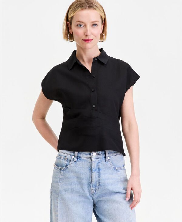 アイ.エヌ.シー インターナショナル コンセプト レディース トップス シャツ ブラウス リネン I.N.C. International Concepts Women'short Sleeve Linen-Blend Wrap Blouse Deep Black ブラック｜ReVida 店