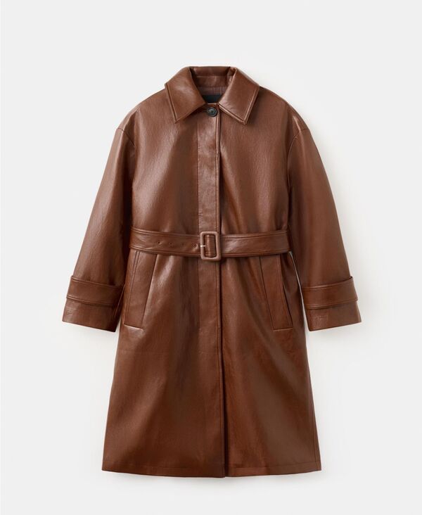 マンゴ レディース アウター コート レザー MANGO Women's Long Faux-Leather Beltrench Coat Brown ブラウン｜ReVida 店