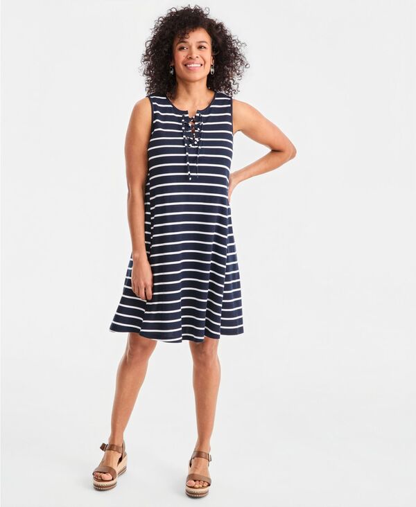スタイルアンドコー レディース トップス ワンピース ノースリーブ レース Style & Co Women's Lace-Up Sleeveless Dress Navy Stripe ネイビー｜ReVida 店 7,336円