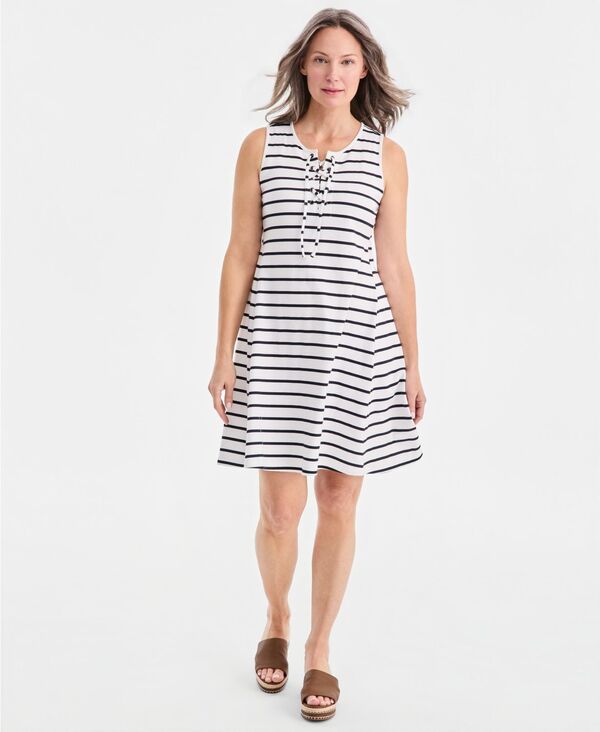 スタイルアンドコー レディース トップス ワンピース ノースリーブ レース Style & Co Women's Lace-Up Sleeveless Dress White Black Stripe ホワイト|ReVida 店