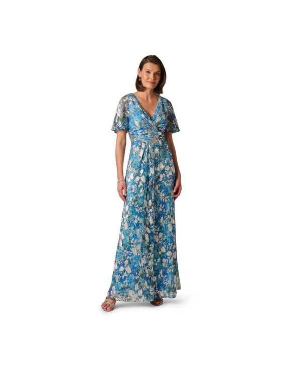 アドリアナ パペル レディース トップス ワンピース Vネック Adrianna Papell Women's V-Neck Foil Crinkle Gown Blue Multi ブルー|ReVida 店