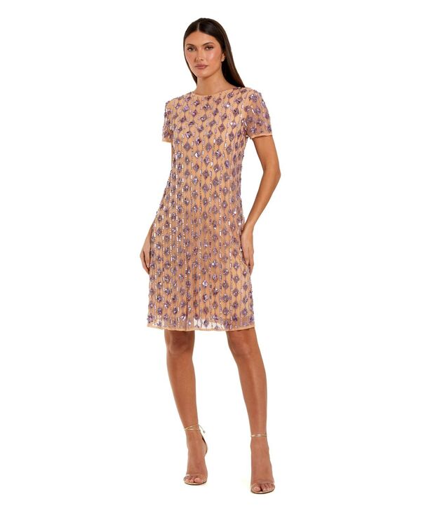マックダガル レディース トップス ワンピース A ライン メッシュ キャップ Mac Duggal Women's Mesh Beaded Cap Sleeve A Line Above Knee Dress Nude lilac ライラック|ReVida 店