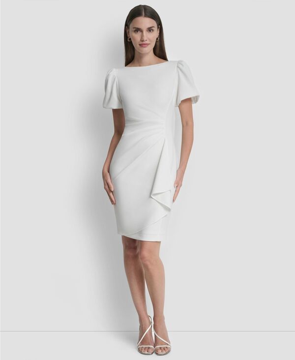 ダナ キャラン ニューヨーク レディース トップス ワンピース クレープ ギャザー スキューバ DKNY Women's Bubble-Sleeve Scuba Crepe Ruched Sheath Dress White ホワイト｜ReVida 店