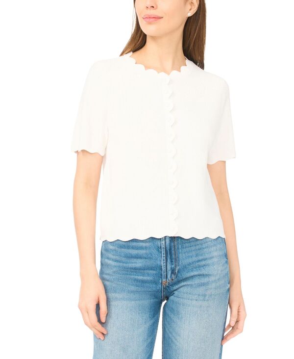 セセ レディース アウター ニット・セーター クルーネック カーディガン CeCe Women's Crewneck Scallop-Edge Cardigantique White ホワイト|ReVida 店