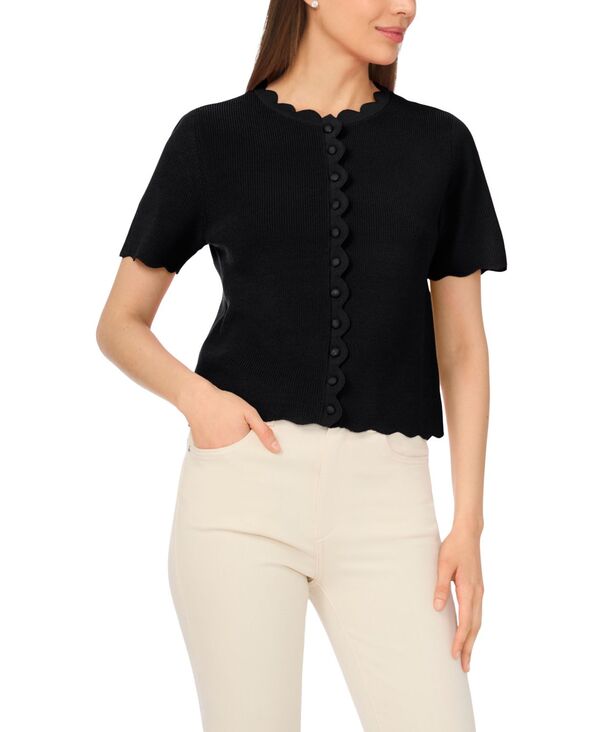 セセ レディース アウター ニット・セーター クルーネック カーディガン CeCe Women's Crewneck Scallop-Edge Cardigan Rich Black ブラック｜ReVida 店