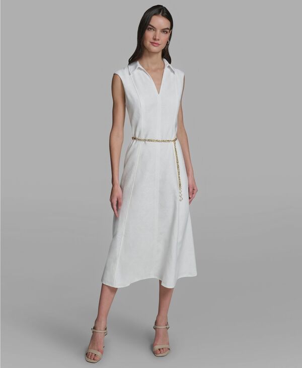 カール ラガーフェルド レディース トップス ワンピース ミディ KARLAGERFELD PARIS Women's Colla red Chain Belt Midi Dressoft White ホワイト｜ReVida 店