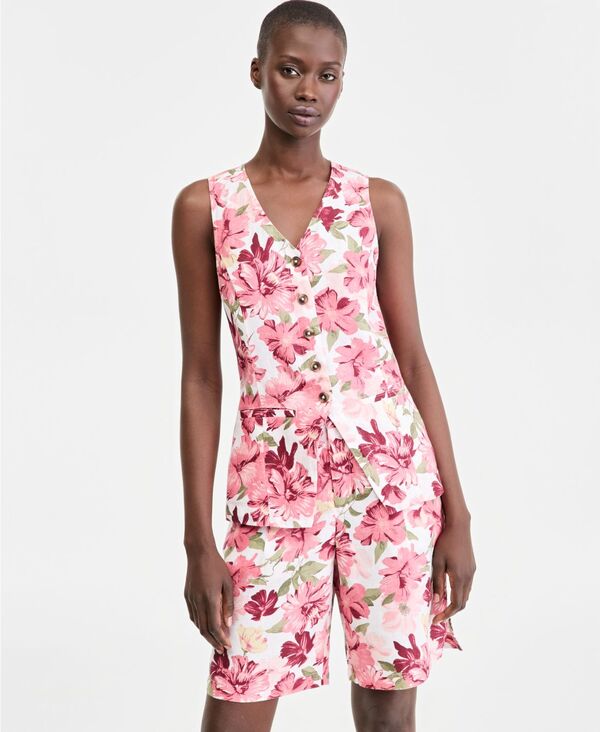 チャータークラブ レディース トップス ベスト Vネック リネン Charter Club Women's Linen V-Neck Button-Front Vest Garden Floral｜ReVida 店