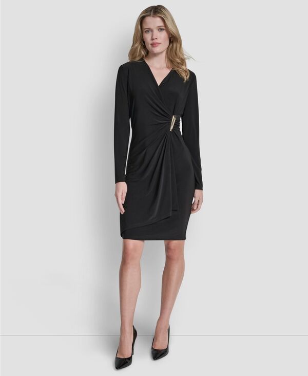 ダナ キャラン ニューヨーク レディース トップス ワンピース Vネック DKNY Women's V-Neck Wrap Dress Black ブラック|ReVida 店