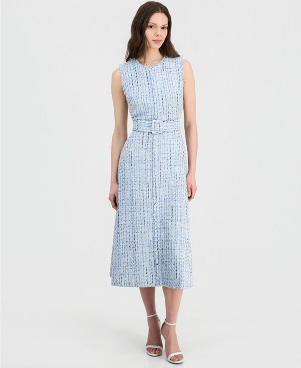 アンクライン レディース トップス ワンピース ミディ ツイード ノースリーブ Anne Klein Women's Tweed Belted Sleeveless Midi DressURF BLUE MULTI ブルー|ReVida 店