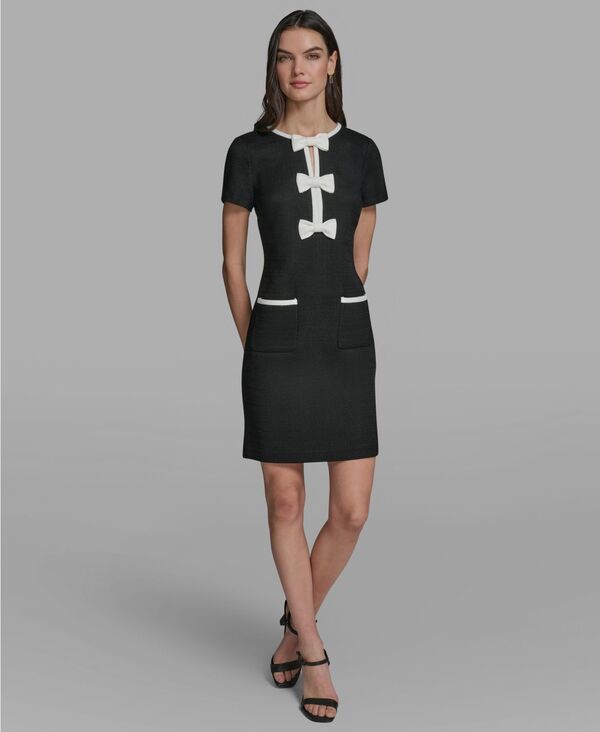 カール ラガーフェルド レディース トップス ワンピース A ライン KARLAGERFELD PARIS Women's Bow Detail A-Line Dress Black/Soft White ホワイト｜ReVida 店