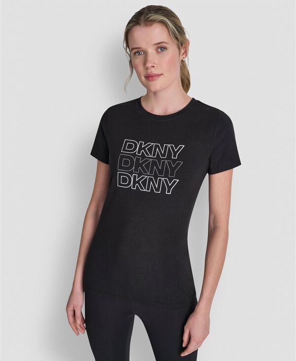 ダナ キャラン ニューヨーク レディース トップス Tシャツ ロゴ DKNY Sport Women's Triple Rhinestone Foilogo T-Shirt Black ブラック|ReVida 店