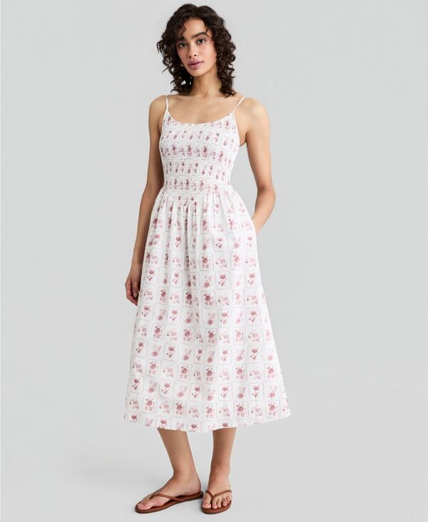 アンドノウディス レディース トップス ワンピース プリント ミディ シャーリング コットン And Now This Women's Cotton Printed Smocked Midi Dress Floral Patchwork|ReVida 店