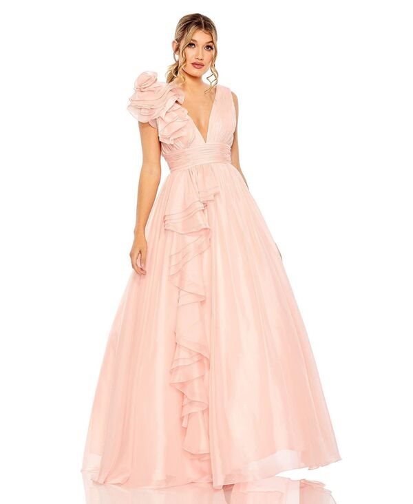 マックダガル レディース トップス ワンピース Vネック フリル ワンショルダー Mac Duggal Women's One-Shoulderuffle Ball Gown with Plunging V-Neck Blush ブラッシュ｜ReVida 店