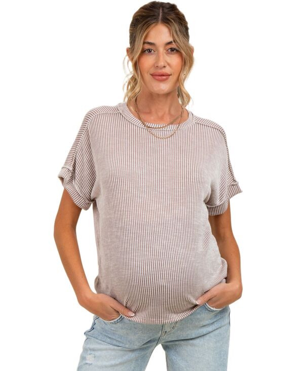ピンクブラッシュ レディース トップス シャツ リブ マタニティ Pinkblush Maternity Pink Ribbed Exposed Seam Short Sleeve Top Taupe トープ|ReVida 店