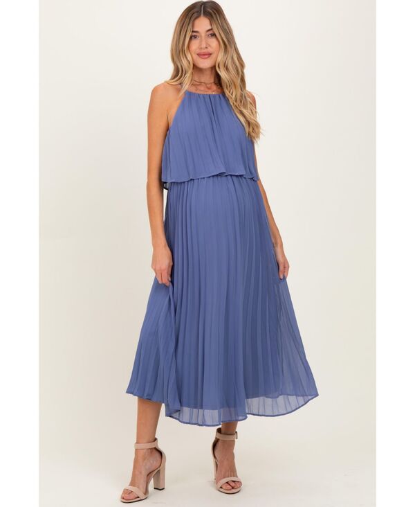 ピンクブラッシュ レディース トップス ワンピース プリーツ ミディ マタニティ Pinkblush Maternity Light Navy Pleated Woven Midi Dress Denim デニム|ReVida 店