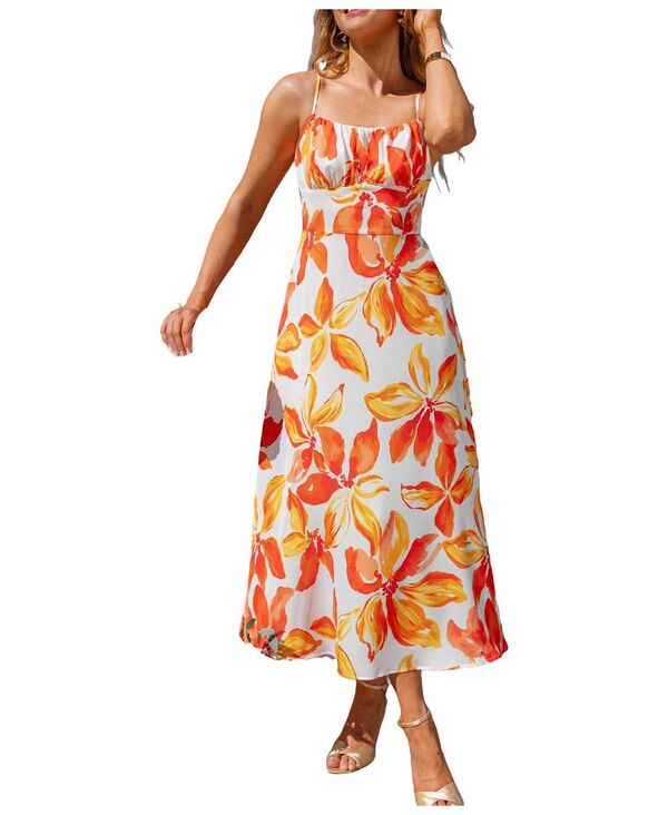 カップシー レディース トップス ワンピース フラワー柄 プリント ミディ フラワー Cupshe Women's Floral Print Camidi Dress Orange オレンジ｜ReVida 店