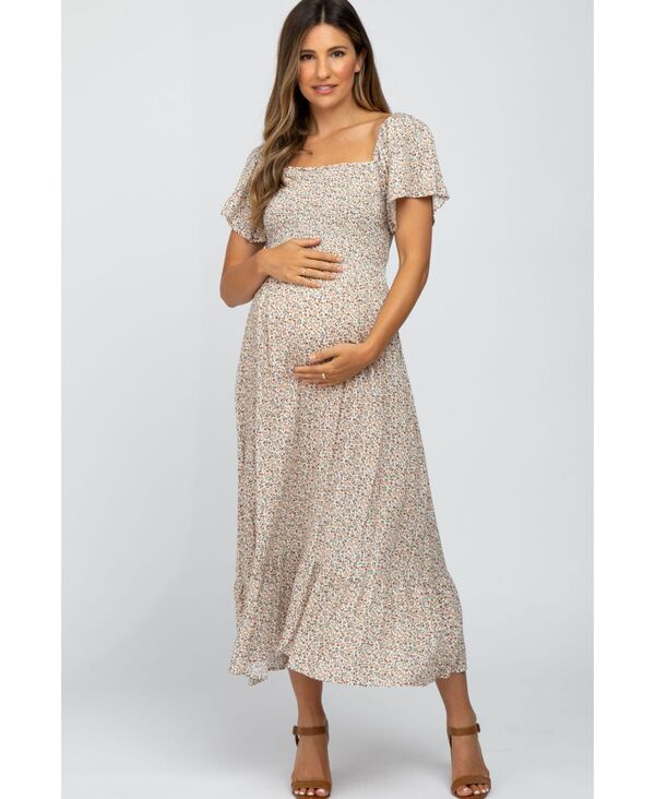 ピンクブラッシュ レディース トップス ワンピース フラワー柄 シャーリング マタニティ マキシ フラワー Pinkblush Maternity Mustard Floral Smocked Maxi Dress Ivory アイボリー｜ReVida 店