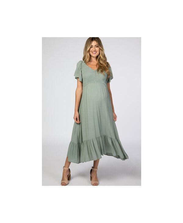 ピンクブラッシュ レディース トップス ワンピース Vネック ミディ シャーリング マタニティ Pinkblush Maternity Ivory Smocked V-Neck Midi Dress Olive green グリーン｜ReVida 店