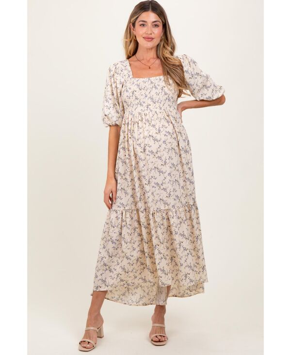 ピンクブラッシュ レディース トップス ワンピース フラワー柄 シャーリング マタニティ マキシ フラワー Pinkblush Maternity Ivory Floral Smocked Hi-Low Puff Sleeve Maxi Dress Ivory アイボリー|ReVida 店