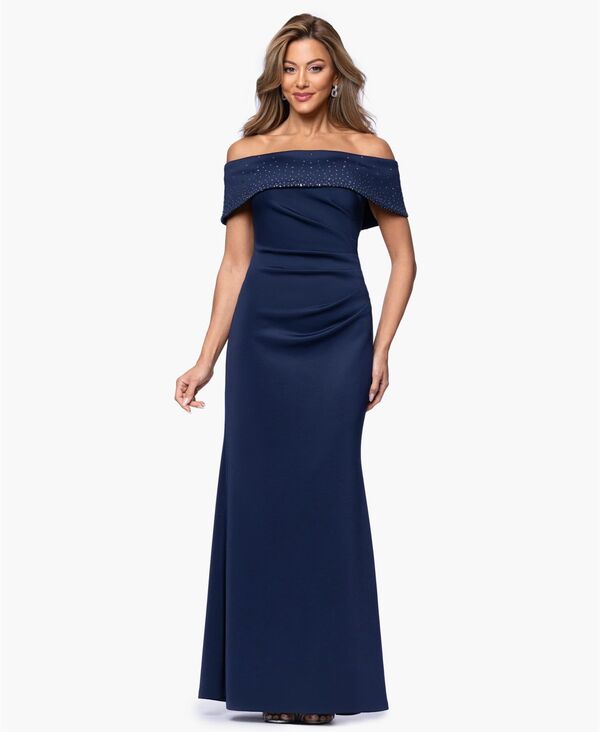 エスケープ レディース トップス ワンピース XSCAPE Women's Off-The-Shoulderhinestone Gow navy ネイビー｜ReVida 店