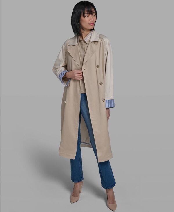 長い巻き毛 ラガーフェルド レディース アウター 厚地の外套 KARLAGERFELD PARIS Women\u0027s Color Block Colla red Trench Coat French Beige ベージュ