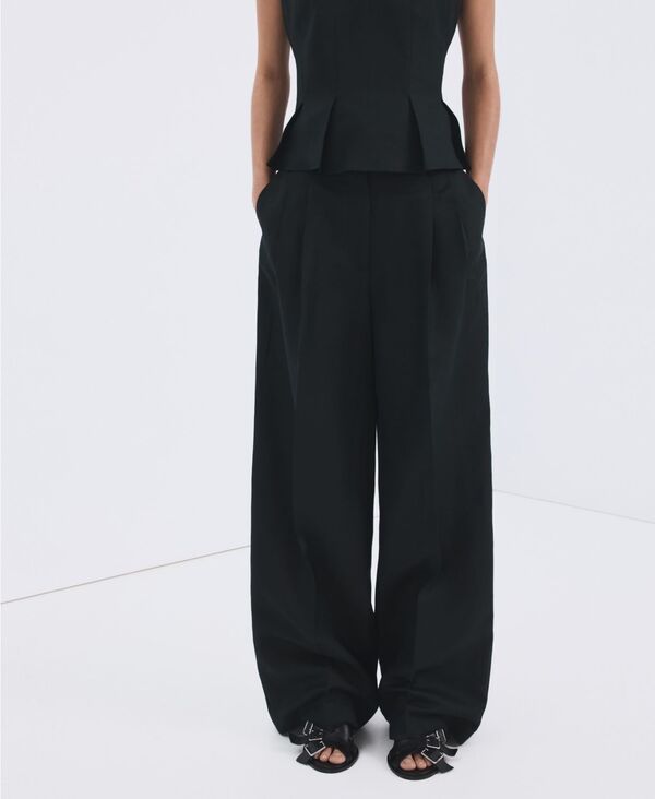 マンゴ レディース ボトムス カジュアルパンツ プリーツ リネン MANGO Women'straight-Fit Pleated Linen Pants Navy ネイビー|ReVida 店