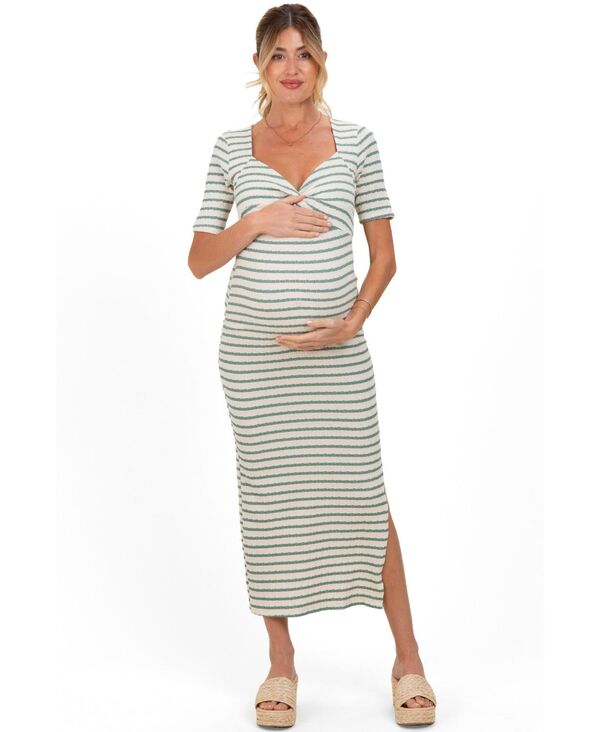 ピンクブラッシュ レディース トップス ワンピース ニット マタニティ マキシ Pinkblush Maternity Cream/ Sage Striped Knit Short Sleeve Maxi Dress Light olive オリーブ｜ReVida 店