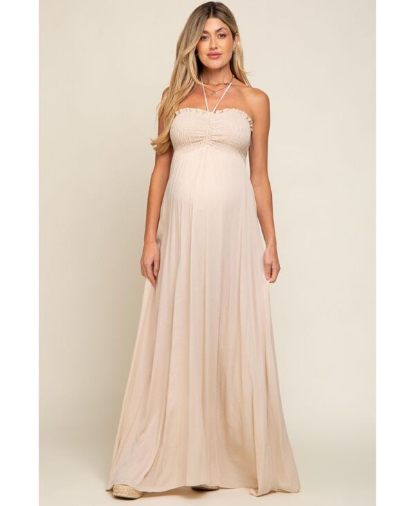 ピンクブラッシュ レディース トップス ワンピース シャーリング マタニティ マキシ ホルター Pinkblush Maternity Beige Smocked Halter Maxi Dress Beige ベージュ|ReVida 店