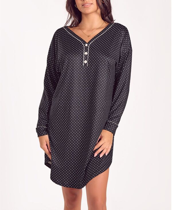 アイコレクション レディース アンダーウェア ナイトウェア シャツ ニット 長袖 iCollection Women's Brushed Micro Stretch Knit Long-Sleeve Sleep Shirt Black ブラック｜ReVida 店