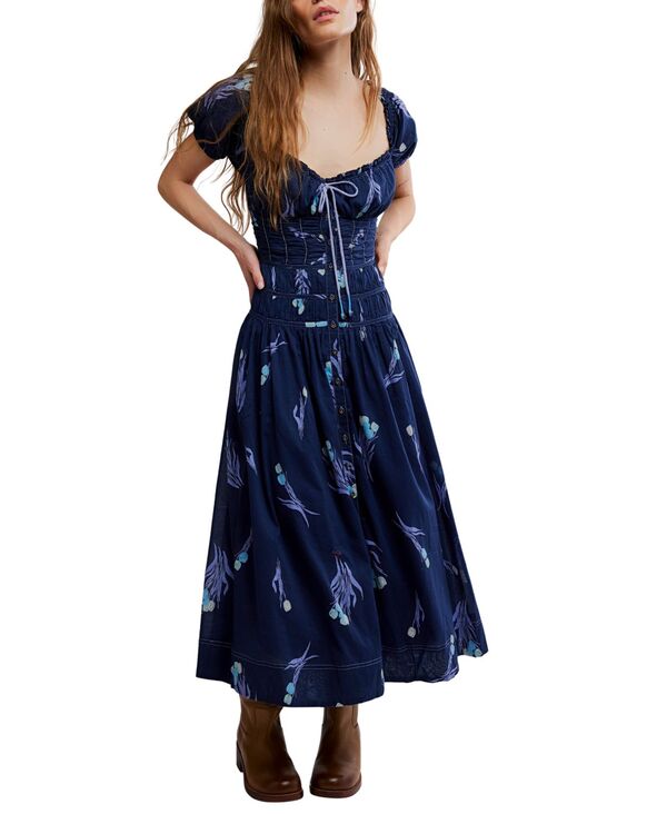 フリーピープル レディース トップス ワンピース ミディ 半袖 Free People Women's Complete Me Short-Sleeve Midi Dress Navy Combo ネイビー｜ReVida 店 22,578円