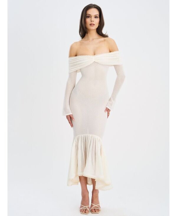 ミスサークル レディース トップス ワンピース マキシ Miss Circle Women's Kaedyn Off Shoulder Long Sleeve Crochet Mermaid Maxi Dress White ホワイト|ReVida 店