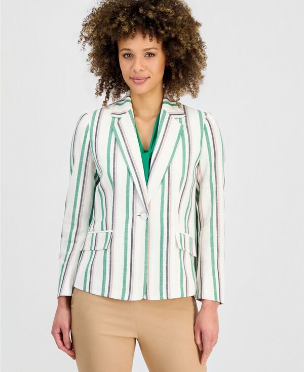 カスパール レディース アウター ジャケット・ブルゾン ブレザー Kasper Women'striped Flap-Pocket Blazer Lush Green Multi グリーン|ReVida 店