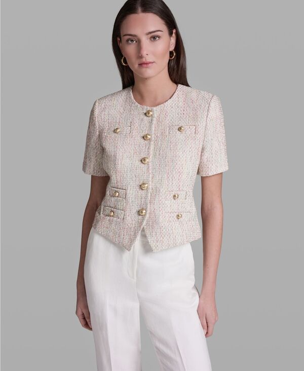 ビーシビージー レディース アウター ジャケット・ブルゾン クルーネック 半袖 BCBG Women'short-Sleeve Crewneck Jacket Whisper White Multi ホワイト|ReVida 店