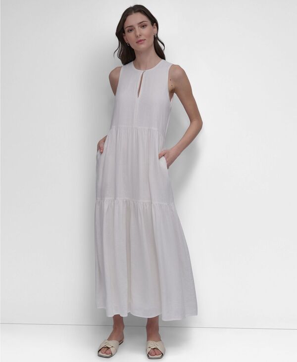 ダナキャランニューヨーク レディース トップス ワンピース ティアード クルーネック ノースリーブ リネン マキシ DKNY Jeans Women'sleeveless Linen-Blend Keyhole Crewneck Tie red Maxi Dress Ivory アイボリー|ReVida 店
