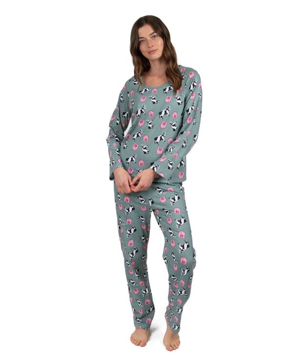 レベレット レディース アンダーウェア ナイトウェア コットン Leveret Women's Matching Family Two-Piece Cotton Long Sleeve Loose Fit Pajamas Cow green グリーン|ReVida 店