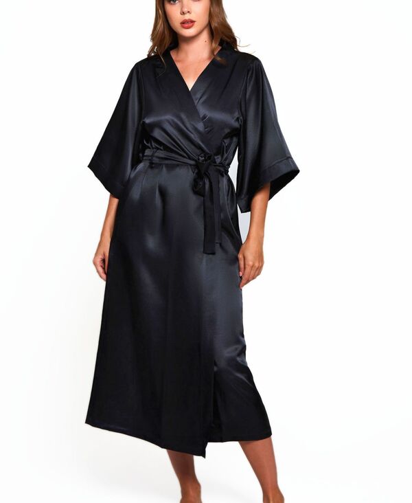 アイコレクション レディース アンダーウェア ナイトウェア サテン iCollection Women's Victoria Satin 3/4 Sleeve Long Robe Black ブラック｜ReVida 店