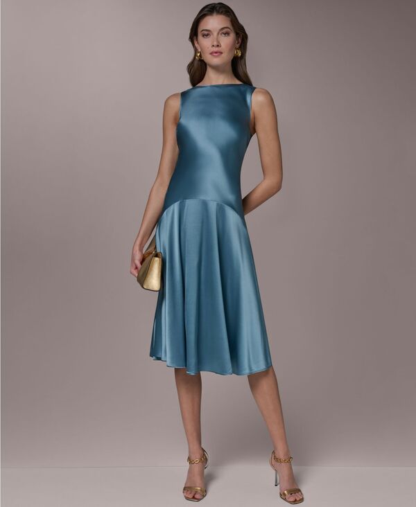 ダナ キャラン ニューヨーク レディース トップス ワンピース ミディ シルク ノースリーブ Donna Karanew York Women'silk Sleeveless Boat Neck Midi Dress Washed Indigo インディゴ｜ReVida 店