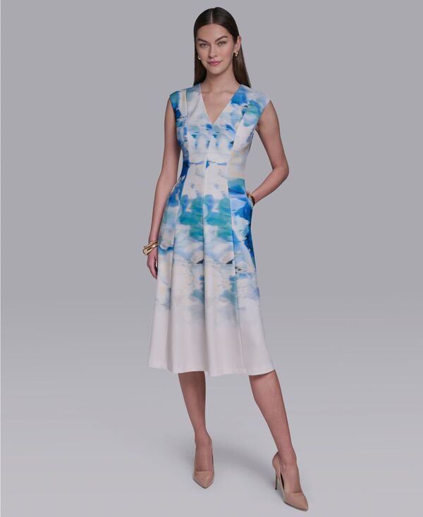 ホルストンヘリテイジ レディース トップス ワンピース Vネック ミディ キャップスリーブ キャップ Halston Women's V-Neck Cap-Sleeve Midi Dress Blue/Multi ブルー|ReVida 店