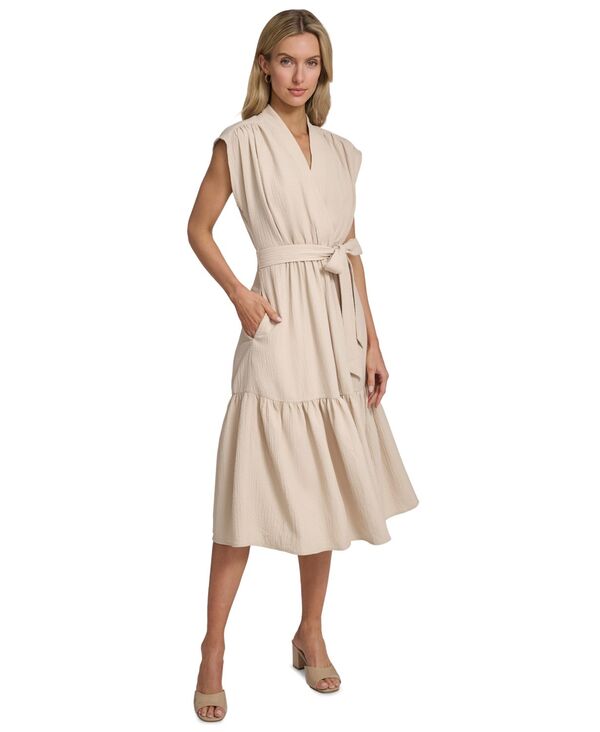 カルバンクライン レディース トップス ワンピース ティアード Calvin Klein Women's Tie red Belted Surplice Dress Latte|ReVida 店