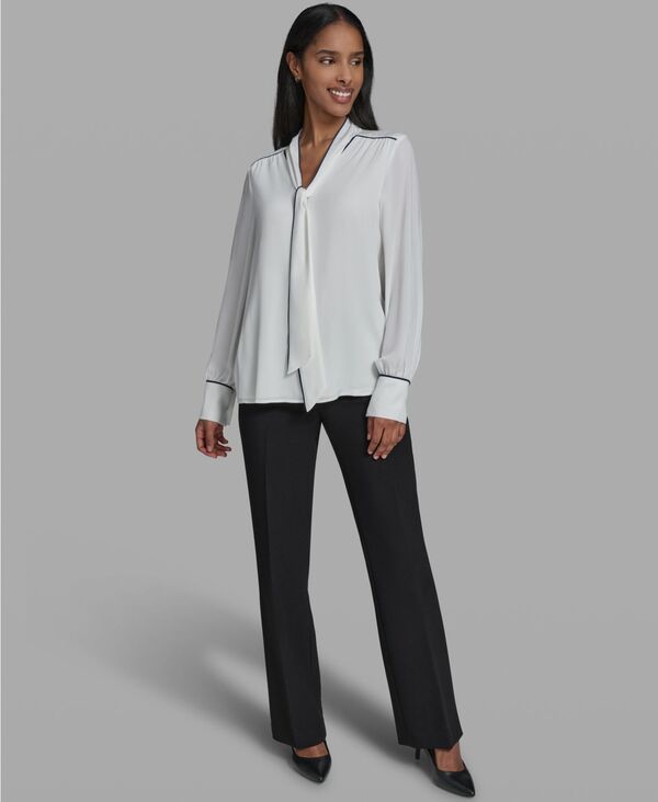 カール ラガーフェルド レディース トップス シャツ ブラウス 長袖 KARLAGERFELD PARIS Women's Tie Neck Long-Sleeve Blouse Soft White/naval Academy Multi ホワイト｜ReVida 店