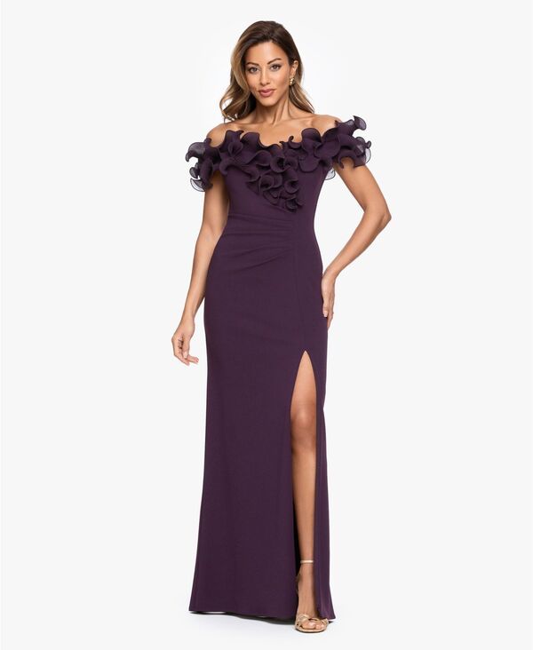 エスケープ レディース トップス ワンピース クレープ フリル XSCAPE Women's Ruffled-Off-The-Shoulder Crepe Gown Mulberry｜ReVida 店