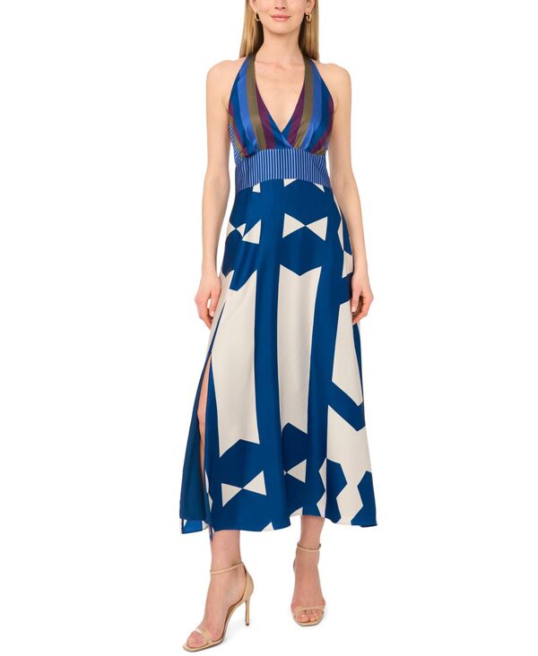 ヴィンスカムート レディース トップス ワンピース Vネック プリント マキシ ホルター Vince Camuto Women's Mixed-Print V-Neck Maxi Halter Dress Classic Navy ネイビー|ReVida 店