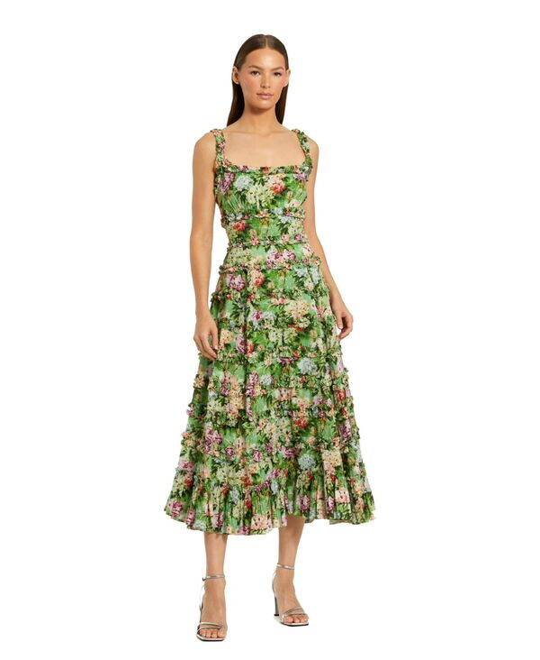マックダガル レディース トップス ワンピース フラワー柄 フリル ミディ フラワー Mac Duggal Women's Elegant Ruffled Floral Square Neck Midi Dress Green multi グリーン|ReVida 店
