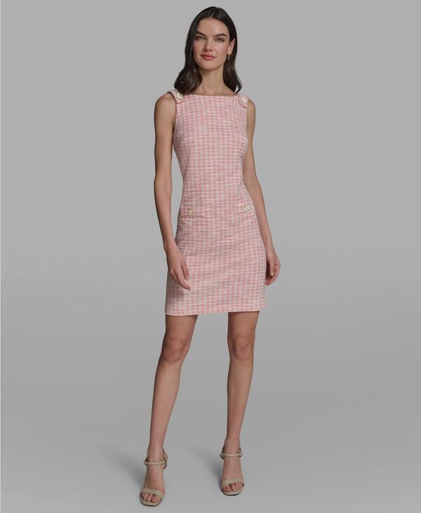カール ラガーフェルド レディース トップス ワンピース ツイード KARLAGERFELD PARIS Women's Boat Neck Tweed Pocket Shift Dress Camelia/Soft White ホワイト|ReVida 店