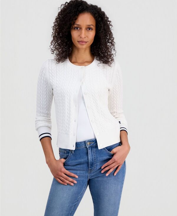 ナウティカ レディース アウター ニット・セーター カーディガン Nautica Women's Cable-Knit Striped-Cuff Cardigan Sweater Bright White/Night Sky ホワイト｜ReVida 店