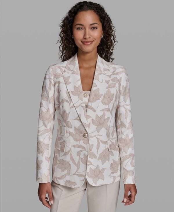 カール ラガーフェルド レディース アウター ジャケット・ブルゾン フラワー柄 プリント フラワー KARLAGERFELD PARIS Women's 3 Pocket Floral Printed Notch Lapel Jacket Soft White/cashmere ホワイト|ReVida 店