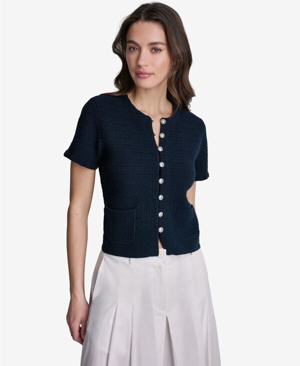 ビーシビージー レディース アウター ニット・セーター ツイード 半袖 カーディガン クロップド BCBG Women's Tweed Short-Sleeve Cropped Cardigan Blue ブルー｜ReVida 店